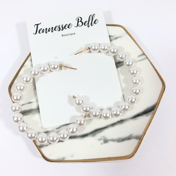 Pearl Medium Circle Hoop Studs Blogger Favorite - Picture 2 of 4